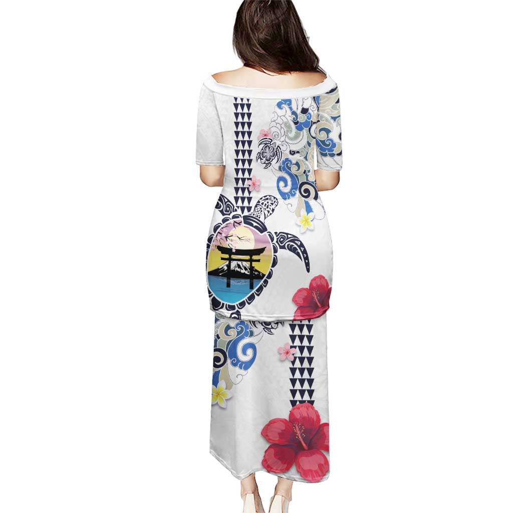 Hawaiian and Japanese Together Puletasi Japanese Culture and Turtle Kakau Tattoo White Color