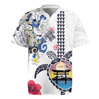 Hawaiian and Japanese Together Rugby Jersey Japanese Culture and Turtle Kakau Tattoo White Color