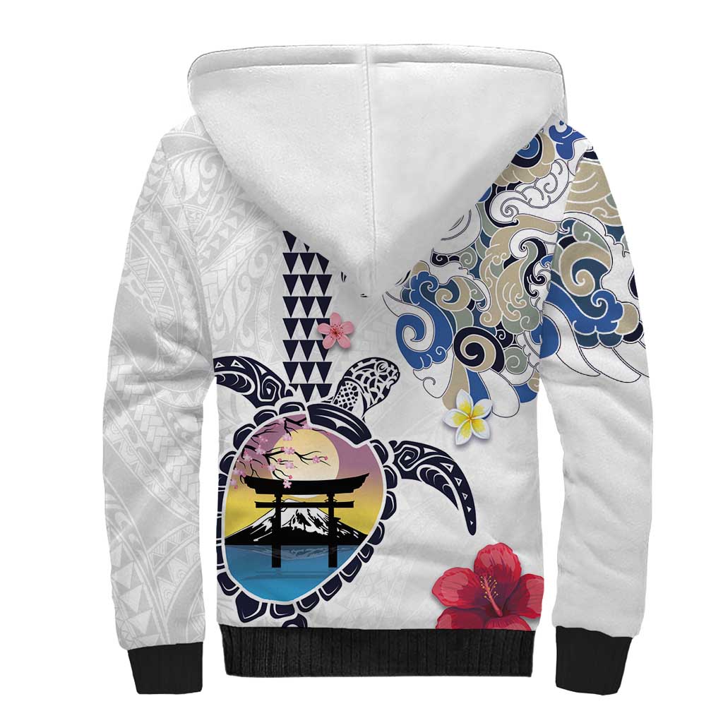 Hawaiian and Japanese Together Sherpa Hoodie Japanese Culture and Turtle Kakau Tattoo White Color