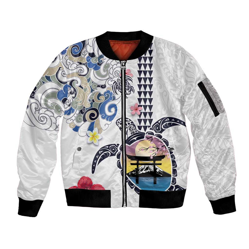 Hawaiian and Japanese Together Sleeve Zip Bomber Jacket Japanese Culture and Turtle Kakau Tattoo White Color
