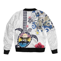 Hawaiian and Japanese Together Sleeve Zip Bomber Jacket Japanese Culture and Turtle Kakau Tattoo White Color