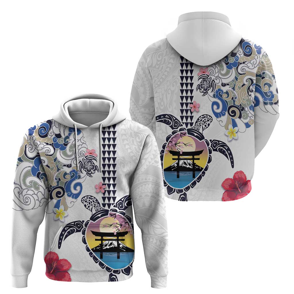 Hawaiian and Japanese Together Zip Hoodie Japanese Culture and Turtle Kakau Tattoo White Color