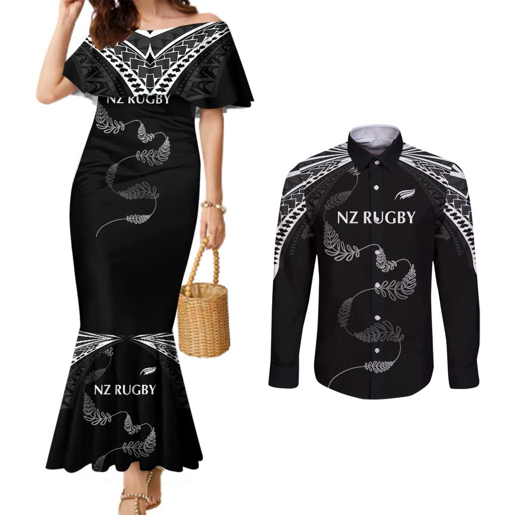 New Zealand Rugby Custom Couples Matching Mermaid Dress and Long Sleeve Button Shirt Aotearoa Armour Blacks Silver Ferns - Polynesian Pride