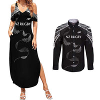 New Zealand Rugby Custom Couples Matching Summer Maxi Dress and Long Sleeve Button Shirt Aotearoa Armour Blacks Silver Ferns - Polynesian Pride