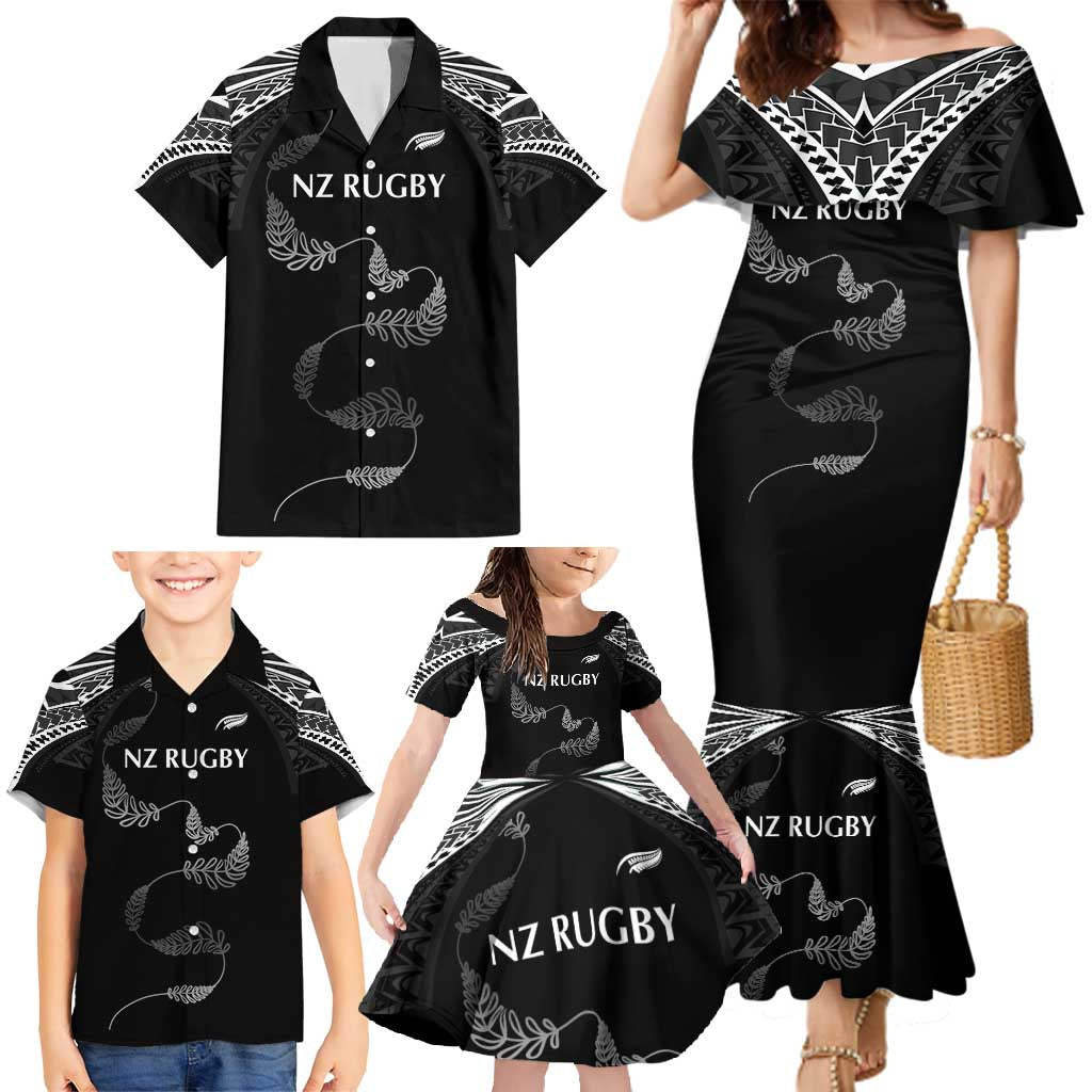 New Zealand Rugby Custom Family Matching Mermaid Dress and Hawaiian Shirt Aotearoa Armour Blacks Silver Ferns - Polynesian Pride