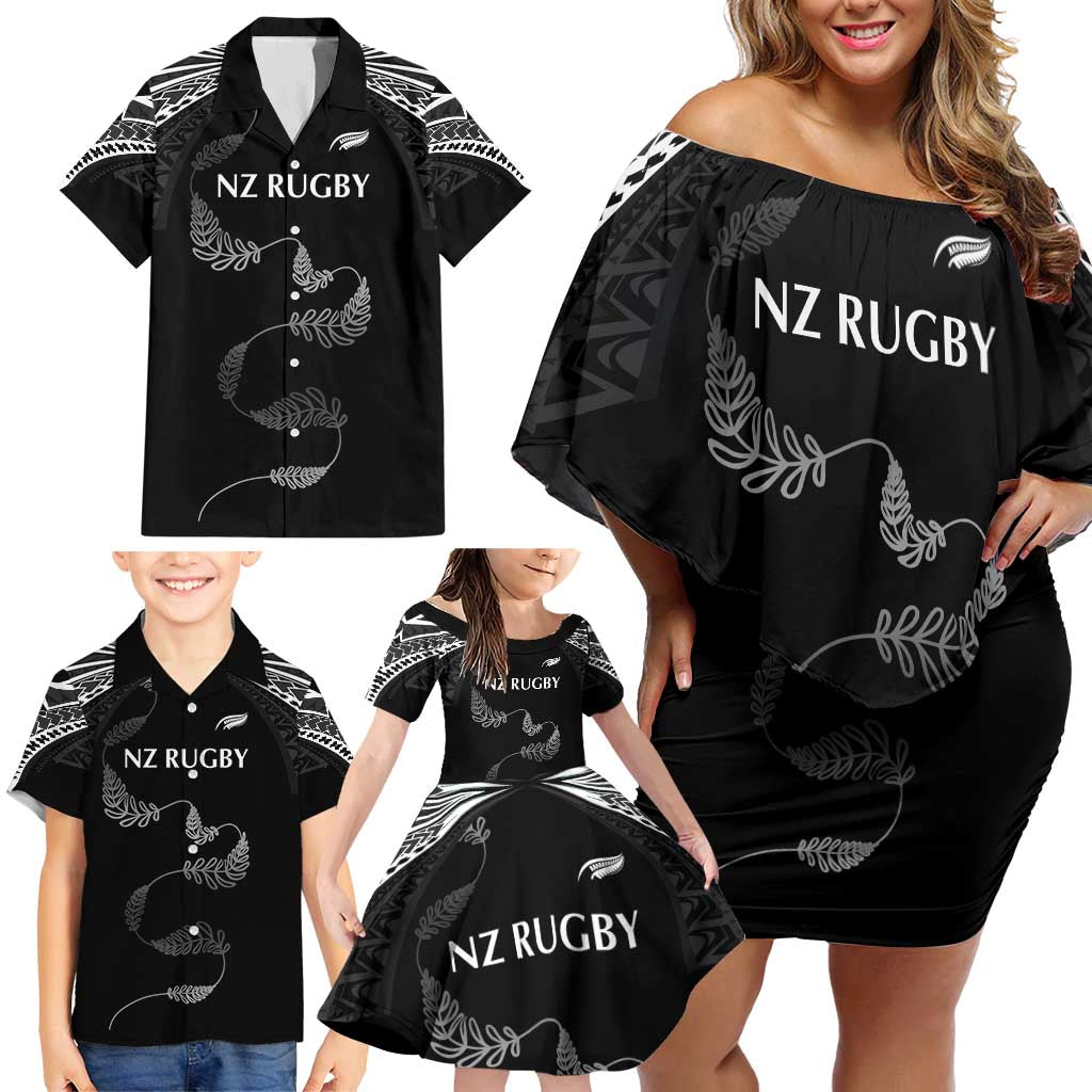 New Zealand Rugby Custom Family Matching Off Shoulder Short Dress and Hawaiian Shirt Aotearoa Armour Blacks Silver Ferns - Polynesian Pride