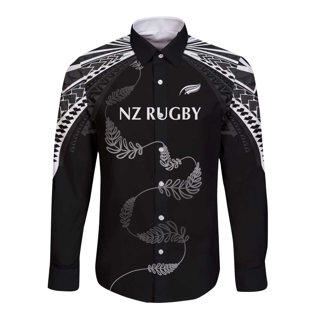 New Zealand Rugby Custom Long Sleeve Button Shirt Aotearoa Armour Blacks Silver Ferns - Polynesian Pride