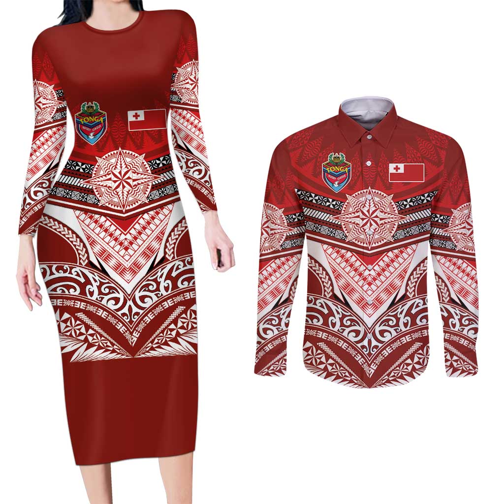Tonga Rugby Custom Couples Matching Long Sleeve Bodycon Dress and Long Sleeve Button Shirt Mana o Tonga-Tribal Heritage Edition Red Color - Polynesian Pride