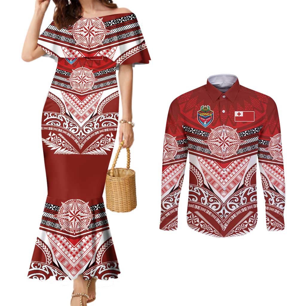 Tonga Rugby Custom Couples Matching Mermaid Dress and Long Sleeve Button Shirt Mana o Tonga-Tribal Heritage Edition Red Color - Polynesian Pride
