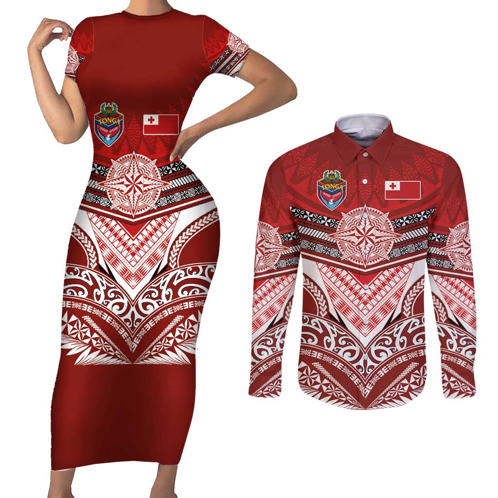 Tonga Rugby Custom Couples Matching Short Sleeve Bodycon Dress and Long Sleeve Button Shirt Mana o Tonga-Tribal Heritage Edition Red Color - Polynesian Pride