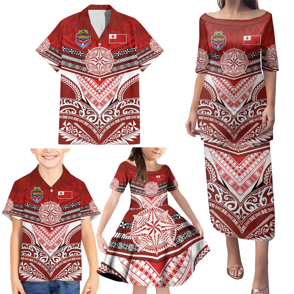 Tonga Rugby Custom Family Matching Puletasi and Hawaiian Shirt Mana o Tonga-Tribal Heritage Edition Red Color - Polynesian Pride