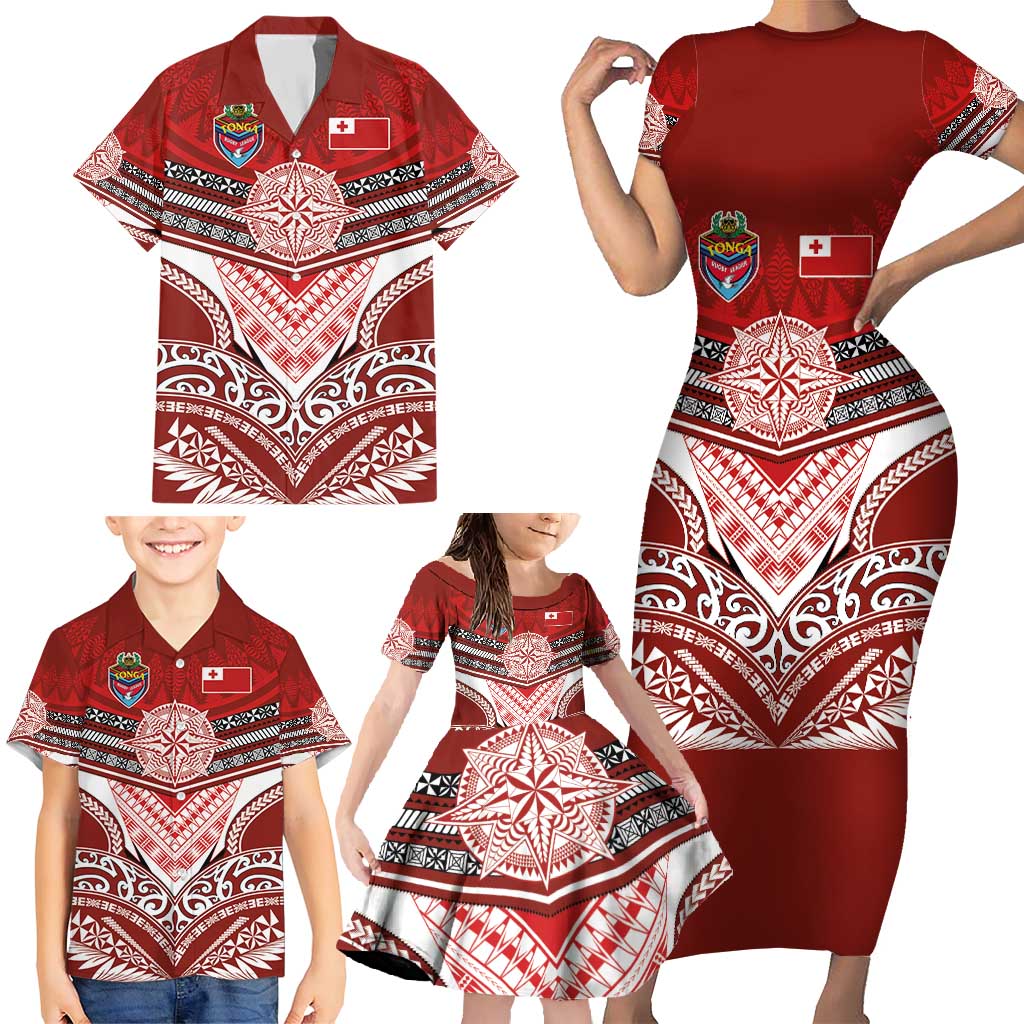 Tonga Rugby Custom Family Matching Short Sleeve Bodycon Dress and Hawaiian Shirt Mana o Tonga-Tribal Heritage Edition Red Color - Polynesian Pride