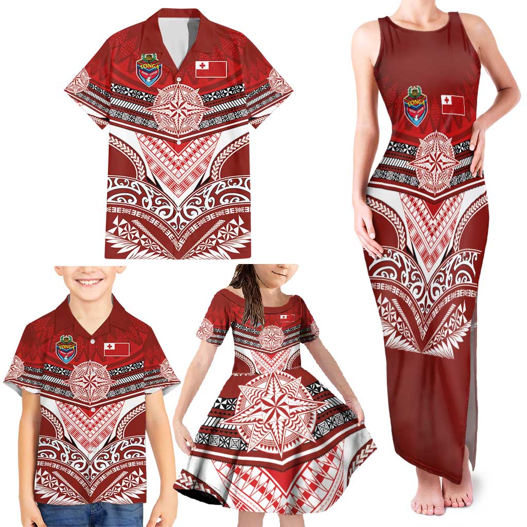 Tonga Rugby Custom Family Matching Tank Maxi Dress and Hawaiian Shirt Mana o Tonga-Tribal Heritage Edition Red Color - Polynesian Pride