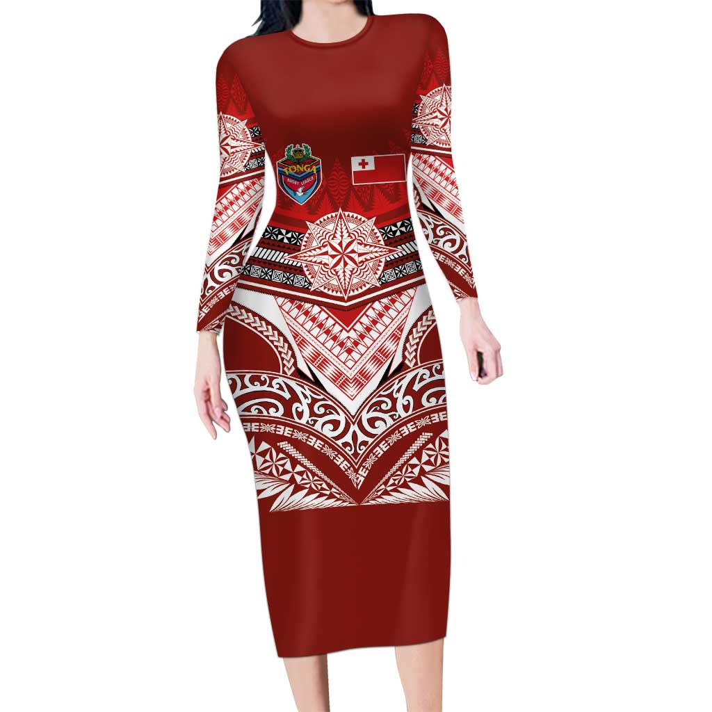 Tonga Rugby Custom Long Sleeve Bodycon Dress Mana o Tonga-Tribal Heritage Edition Red Color - Polynesian Pride