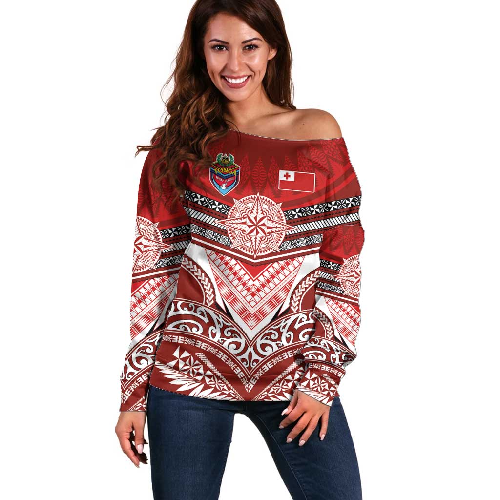 Tonga Rugby Custom Off Shoulder Sweater Mana o Tonga-Tribal Heritage Edition Red Color - Polynesian Pride