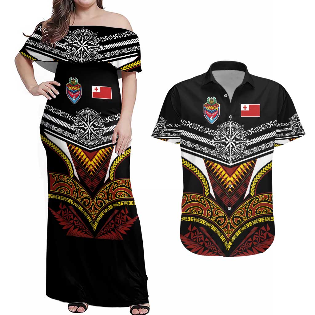 Tonga Rugby Custom Couples Matching Off Shoulder Maxi Dress and Hawaiian Shirt Mana o Tonga-Tribal Heritage Edition Black Color - Polynesian Pride