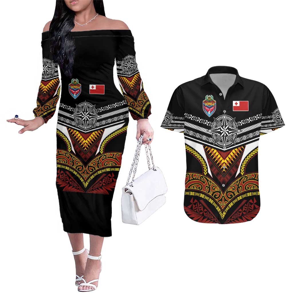 Tonga Rugby Custom Couples Matching Off The Shoulder Long Sleeve Dress and Hawaiian Shirt Mana o Tonga-Tribal Heritage Edition Black Color - Polynesian Pride