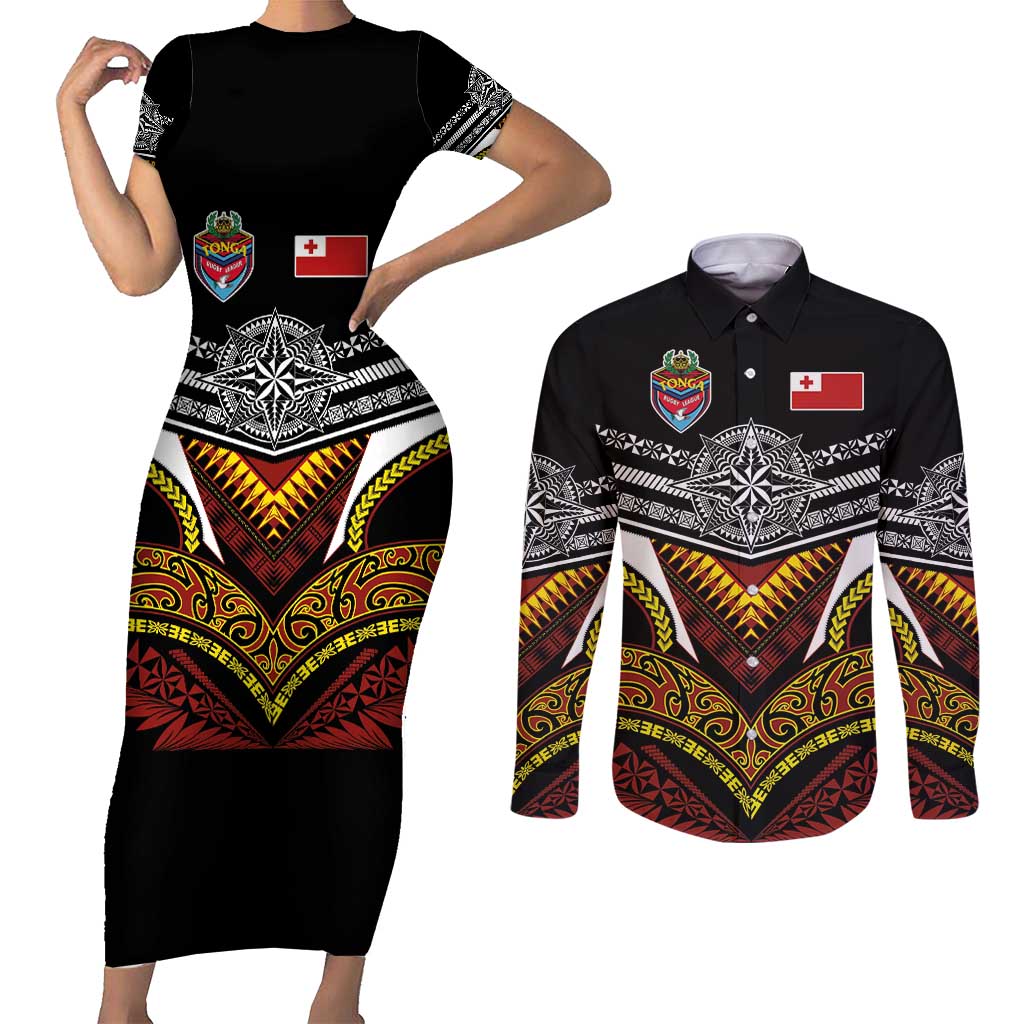 Tonga Rugby Custom Couples Matching Short Sleeve Bodycon Dress and Long Sleeve Button Shirt Mana o Tonga-Tribal Heritage Edition Black Color - Polynesian Pride