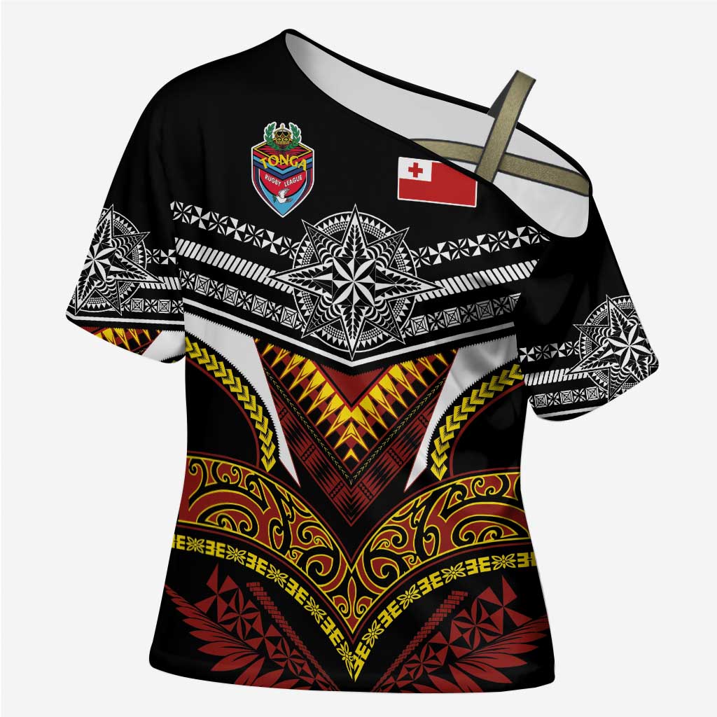 Tonga Rugby Custom Cross Shoulder Shirt Mana o Tonga-Tribal Heritage Edition Black Color - Polynesian Pride