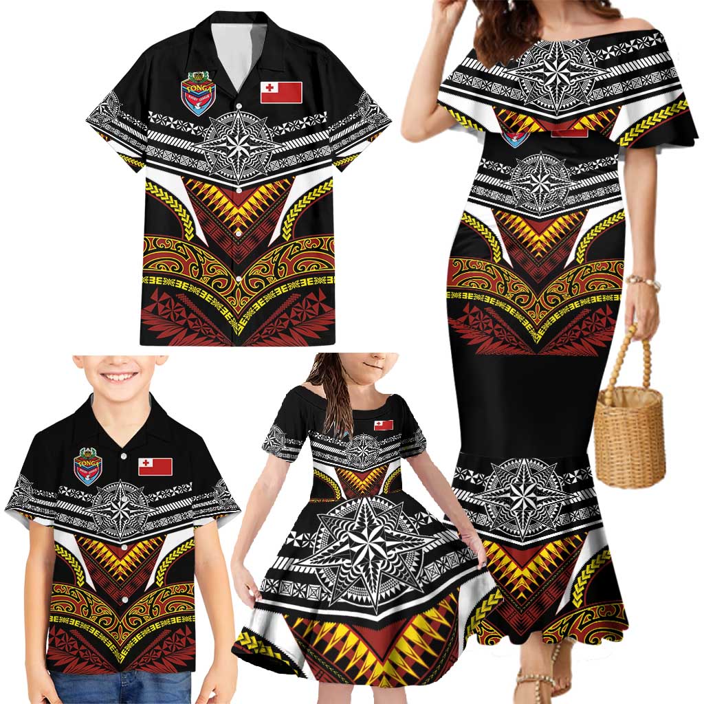 Tonga Rugby Custom Family Matching Mermaid Dress and Hawaiian Shirt Mana o Tonga-Tribal Heritage Edition Black Color - Polynesian Pride