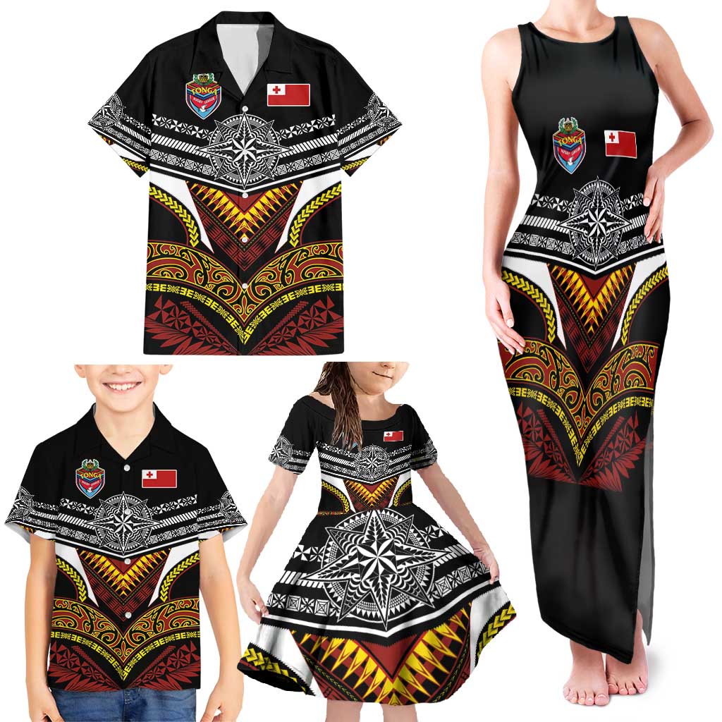 Tonga Rugby Custom Family Matching Tank Maxi Dress and Hawaiian Shirt Mana o Tonga-Tribal Heritage Edition Black Color - Polynesian Pride