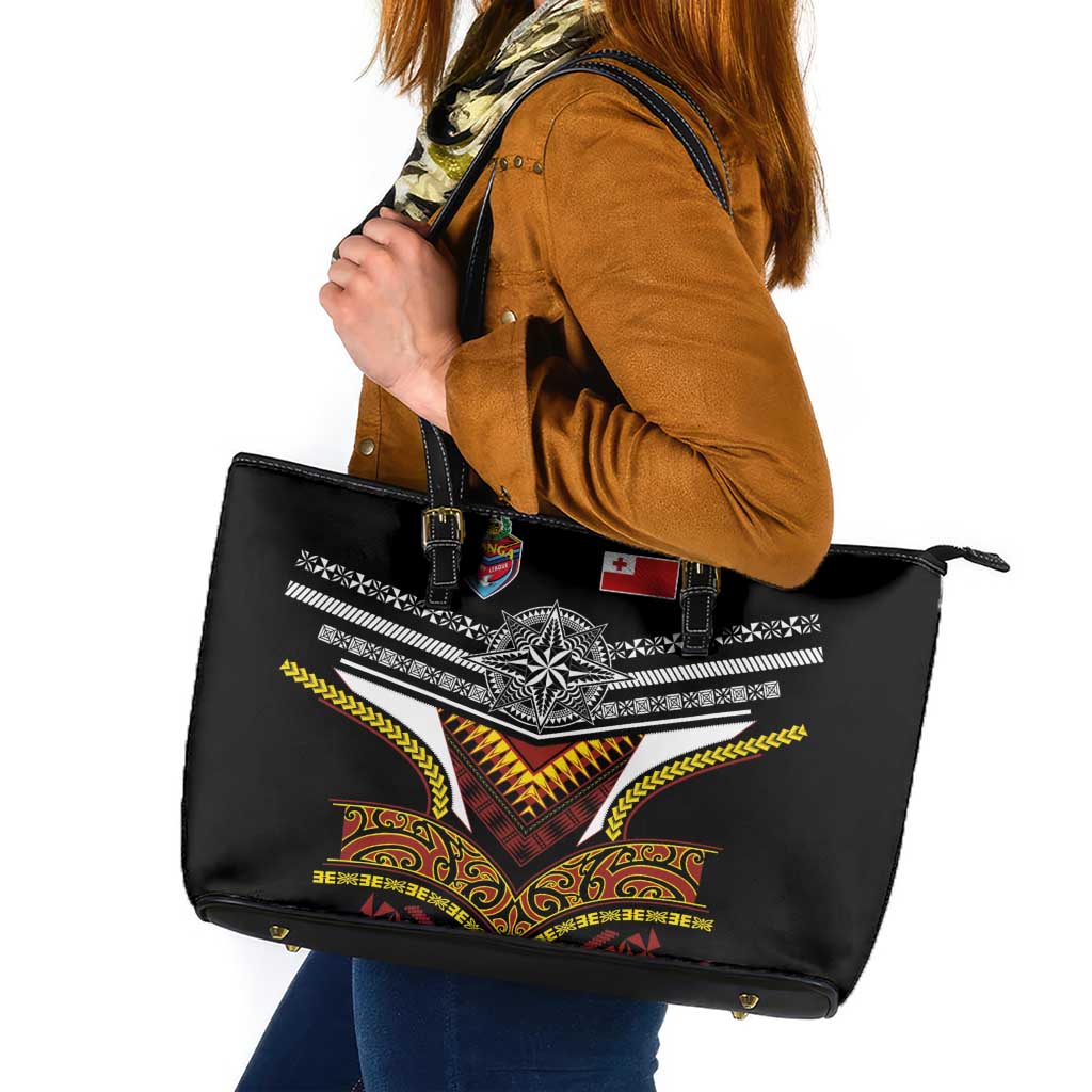 Tonga Rugby Leather Tote Bag Mana o Tonga-Tribal Heritage Edition Black Color - Polynesian Pride