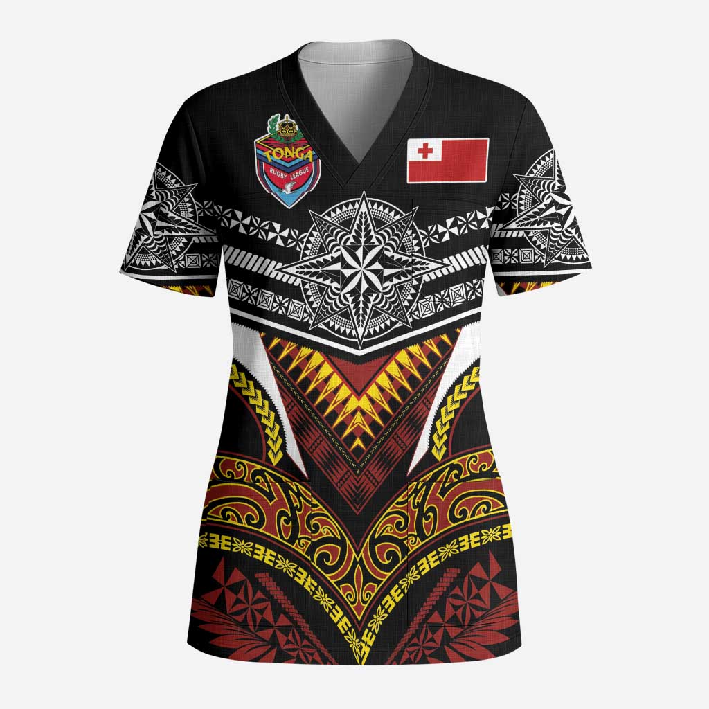 Tonga Rugby Custom Scrub Top Mana o Tonga-Tribal Heritage Edition Black Color - Polynesian Pride