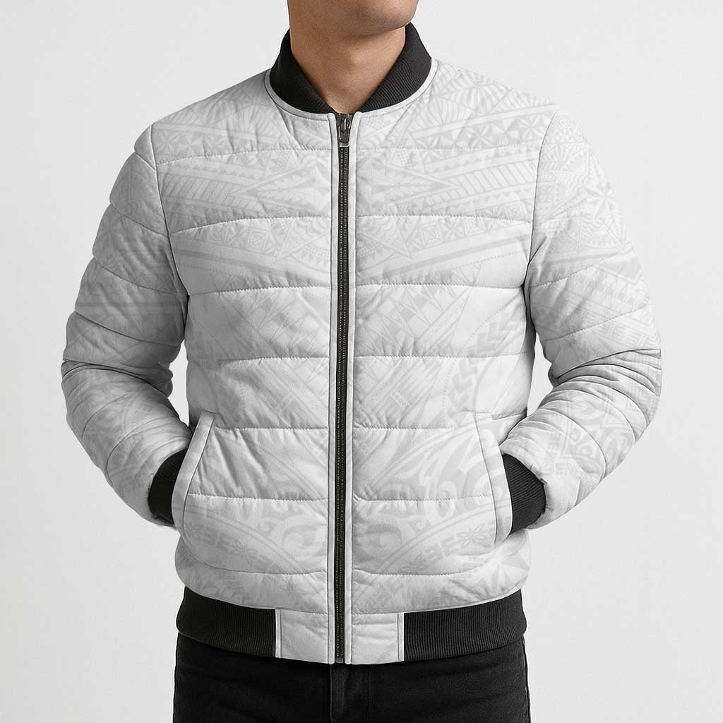 Tonga White Sunday Bomber Puffer Jacket Tongan Tribal Heritage Tattoos - Polynesian Pride