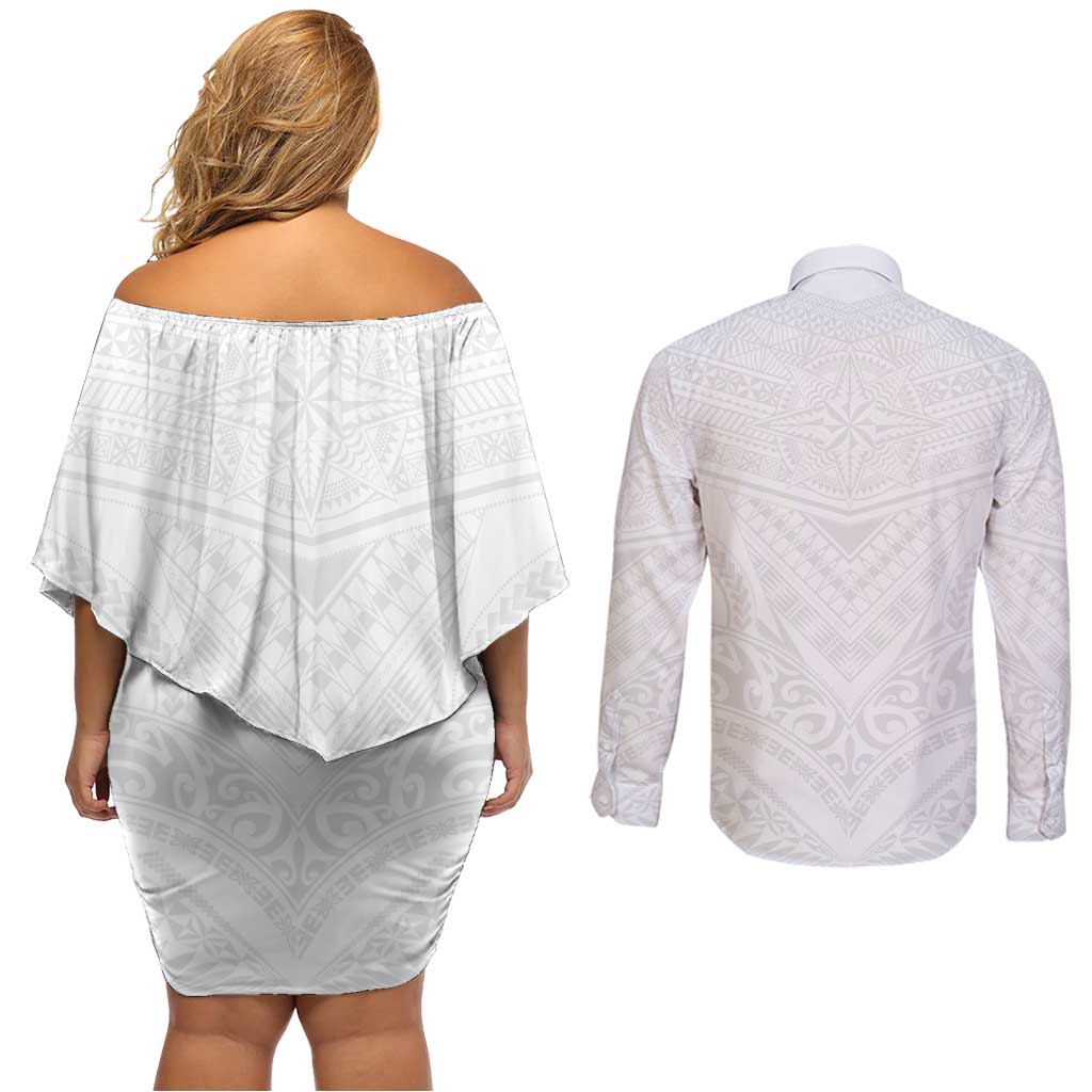 Tonga White Sunday Couples Matching Off Shoulder Short Dress and Long Sleeve Button Shirt Tongan Tribal Heritage Tattoos - Polynesian Pride