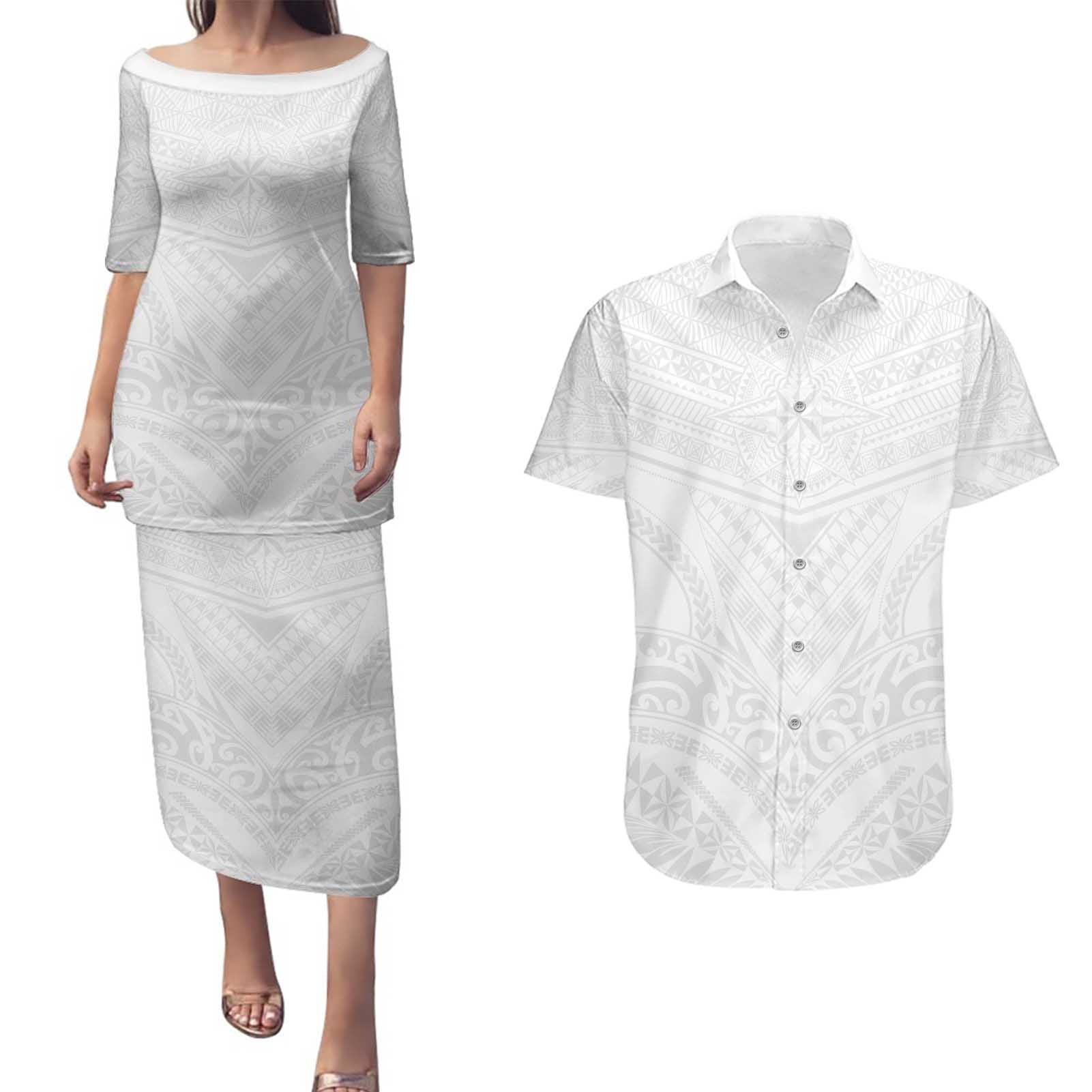 Tonga White Sunday Couples Matching Puletasi and Hawaiian Shirt Tongan Tribal Heritage Tattoos - Polynesian Pride