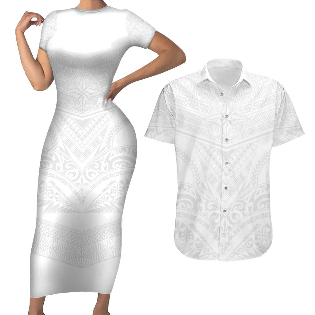 Tonga White Sunday Couples Matching Short Sleeve Bodycon Dress and Hawaiian Shirt Tongan Tribal Heritage Tattoos - Polynesian Pride