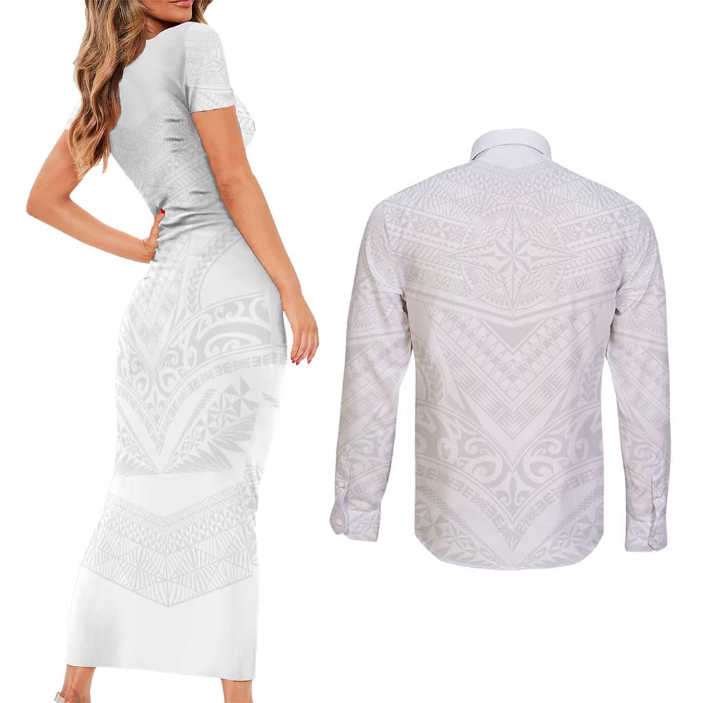 Tonga White Sunday Couples Matching Short Sleeve Bodycon Dress and Long Sleeve Button Shirt Tongan Tribal Heritage Tattoos - Polynesian Pride