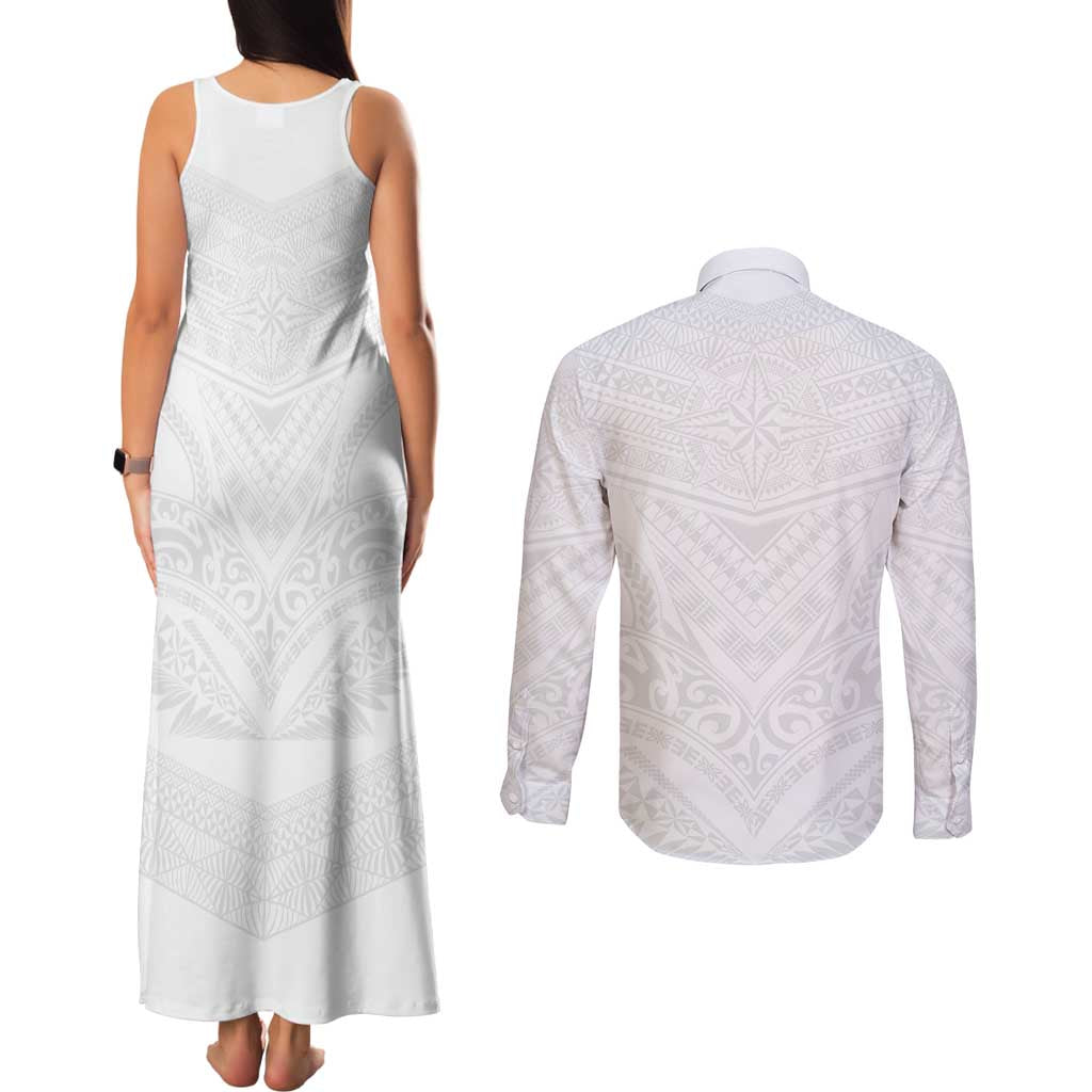 Tonga White Sunday Couples Matching Tank Maxi Dress and Long Sleeve Button Shirt Tongan Tribal Heritage Tattoos - Polynesian Pride