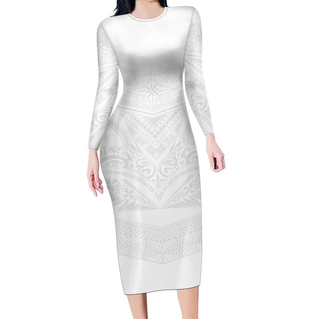 Tonga White Sunday Long Sleeve Bodycon Dress Tongan Tribal Heritage Tattoos LT03 Long Dress White - Polynesian Pride