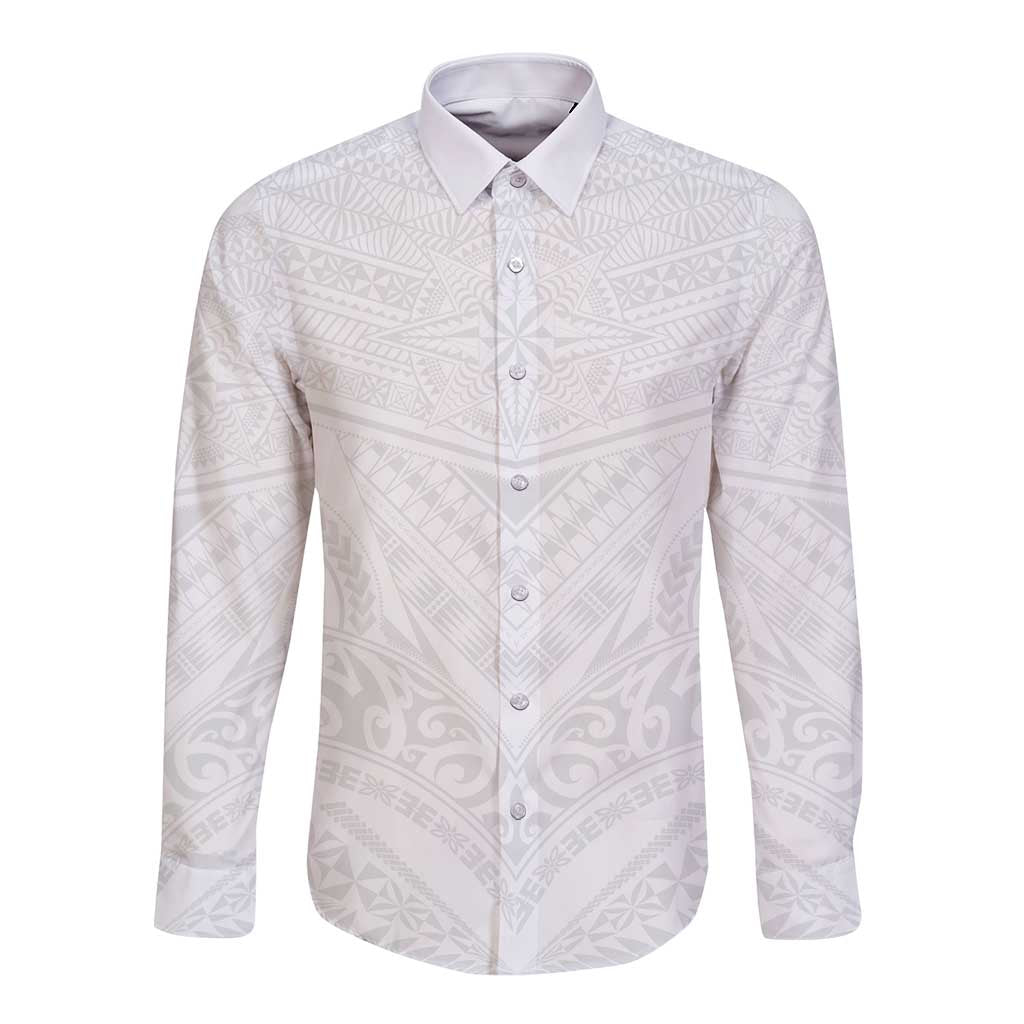 Tonga White Sunday Long Sleeve Button Shirt Tongan Tribal Heritage Tattoos LT03 Unisex White - Polynesian Pride