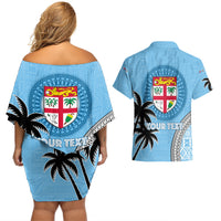 Personalised Fiji Couples Matching Off Shoulder Short Dress and Hawaiian Shirt Tapa Pattern Fijian Coat of Arms and Palm Tree LT03 - Polynesian Pride