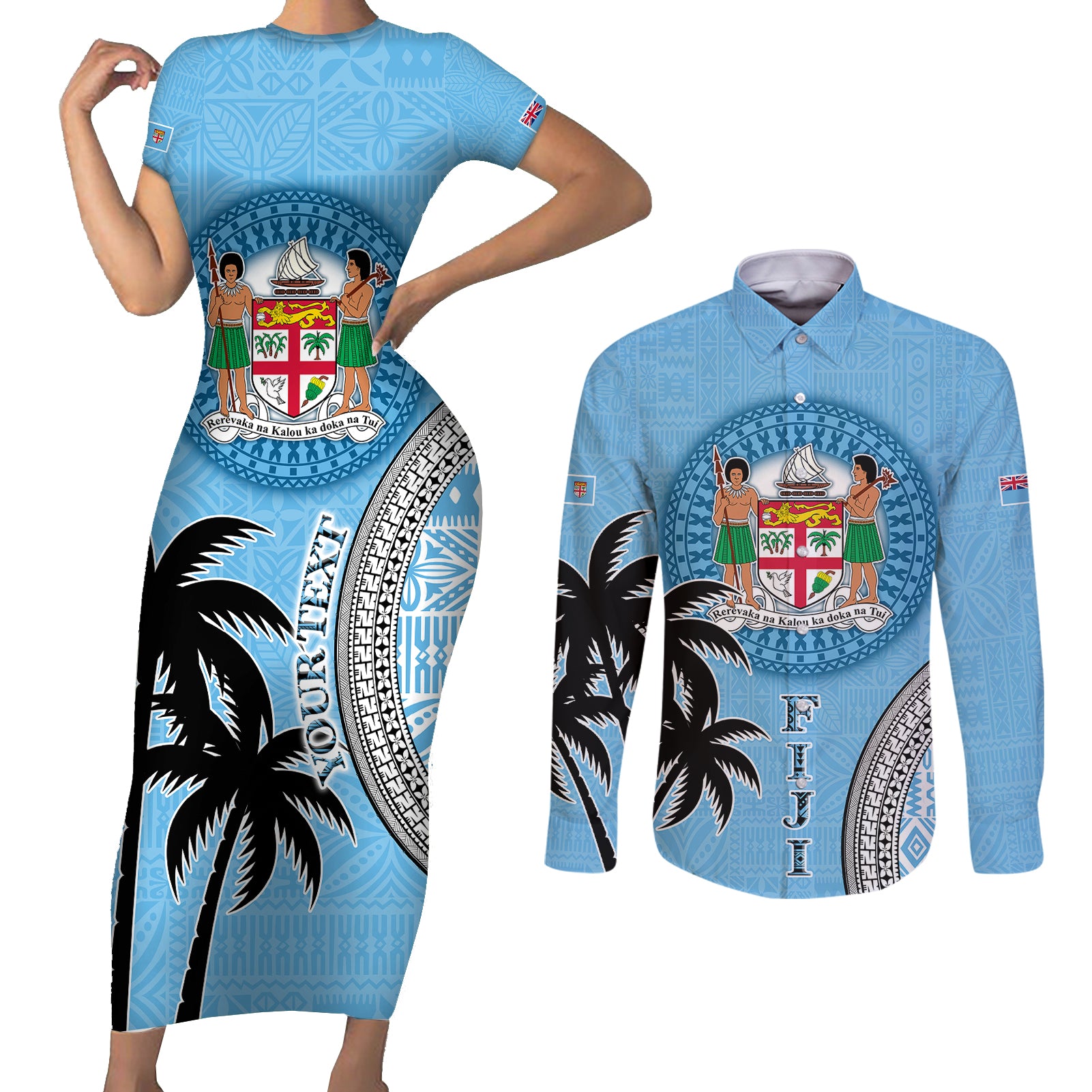 Personalised Fiji Couples Matching Short Sleeve Bodycon Dress and Long Sleeve Button Shirts Tapa Pattern Fijian Coat of Arms and Palm Tree LT03 Blue - Polynesian Pride