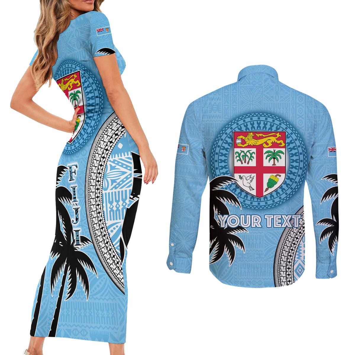 Personalised Fiji Couples Matching Short Sleeve Bodycon Dress and Long Sleeve Button Shirts Tapa Pattern Fijian Coat of Arms and Palm Tree LT03 - Polynesian Pride