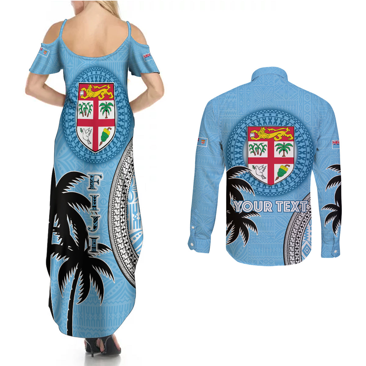 Personalised Fiji Couples Matching Summer Maxi Dress and Long Sleeve Button Shirts Tapa Pattern Fijian Coat of Arms and Palm Tree LT03 - Polynesian Pride