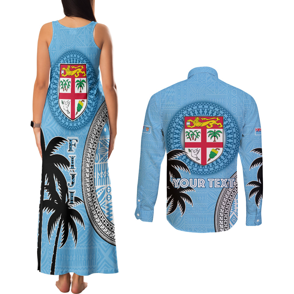 Personalised Fiji Couples Matching Tank Maxi Dress and Long Sleeve Button Shirts Tapa Pattern Fijian Coat of Arms and Palm Tree LT03 - Polynesian Pride