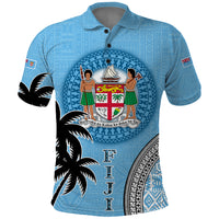 Personalised Fiji Polo Shirt Tapa Pattern Fijian Coat of Arms and Palm Tree LT03 Blue - Polynesian Pride