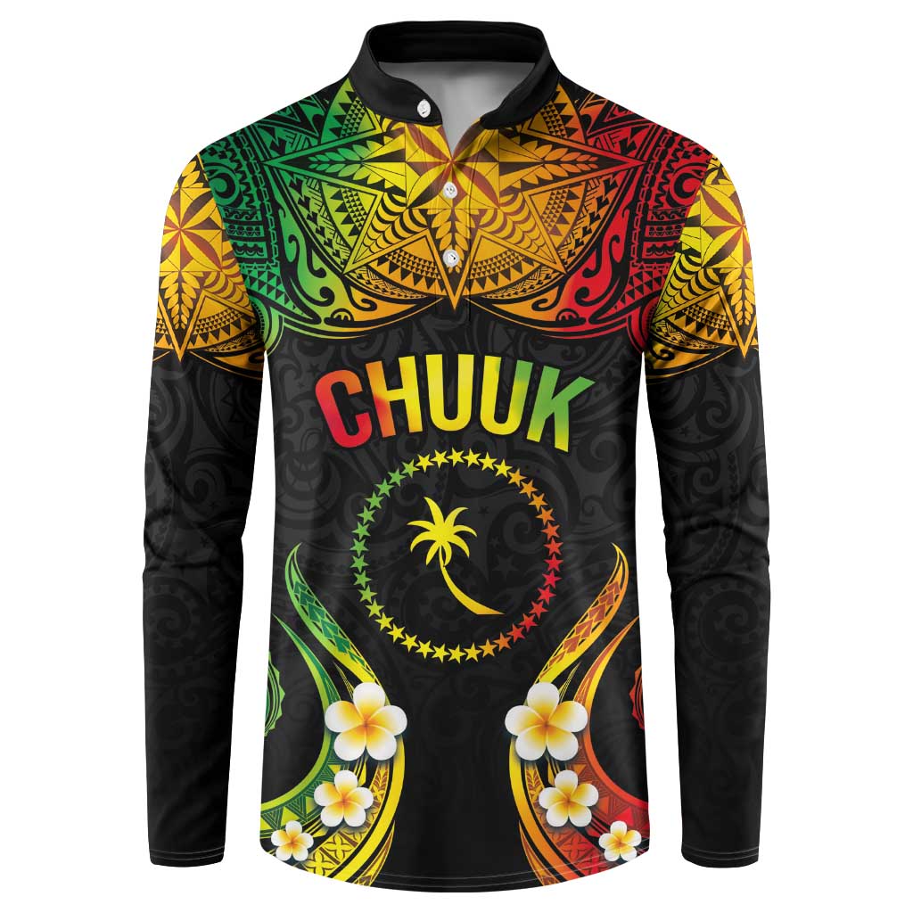 Personalised Chuuk Independence Day Button Sweatshirt Polynesian Tattoo and Plumeria Reggae Color