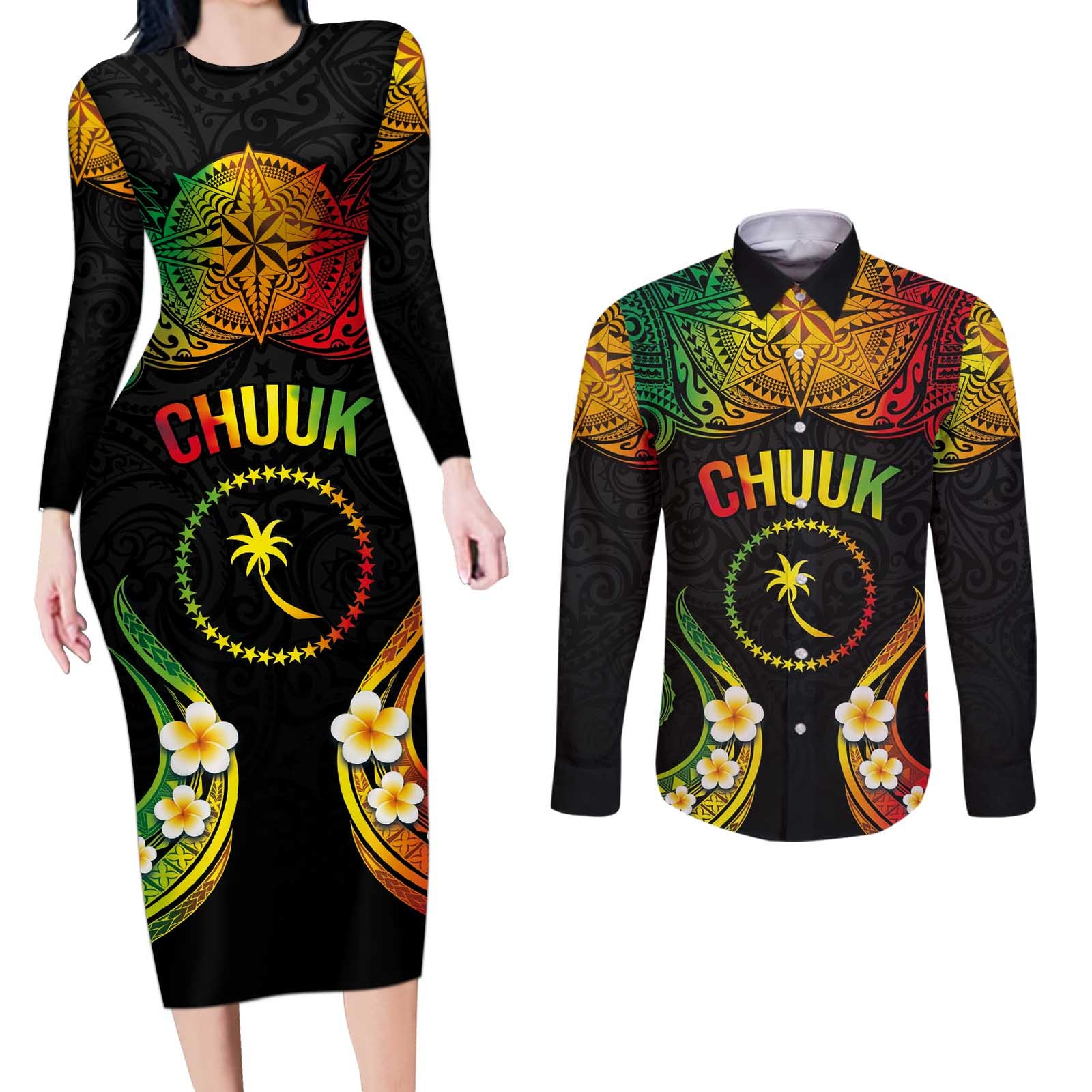 Personalised Chuuk Independence Day Couples Matching Long Sleeve Bodycon Dress and Long Sleeve Button Shirt Polynesian Tattoo and Plumeria Reggae Color