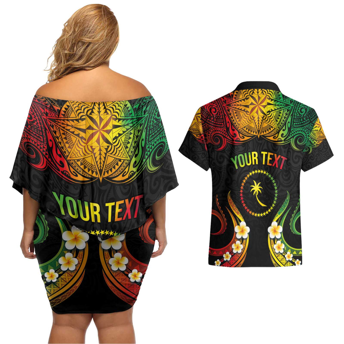Personalised Chuuk Independence Day Couples Matching Off Shoulder Short Dress and Hawaiian Shirt Polynesian Tattoo and Plumeria Reggae Color