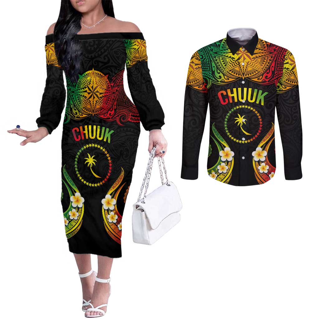 Personalised Chuuk Independence Day Couples Matching Off The Shoulder Long Sleeve Dress and Long Sleeve Button Shirt Polynesian Tattoo and Plumeria Reggae Color