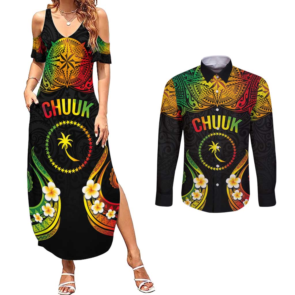 Personalised Chuuk Independence Day Couples Matching Summer Maxi Dress and Long Sleeve Button Shirt Polynesian Tattoo and Plumeria Reggae Color
