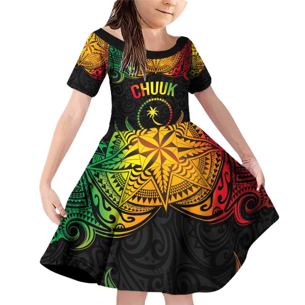 Personalised Chuuk Independence Day Family Matching Off Shoulder Short Dress and Hawaiian Shirt Polynesian Tattoo and Plumeria Reggae Color