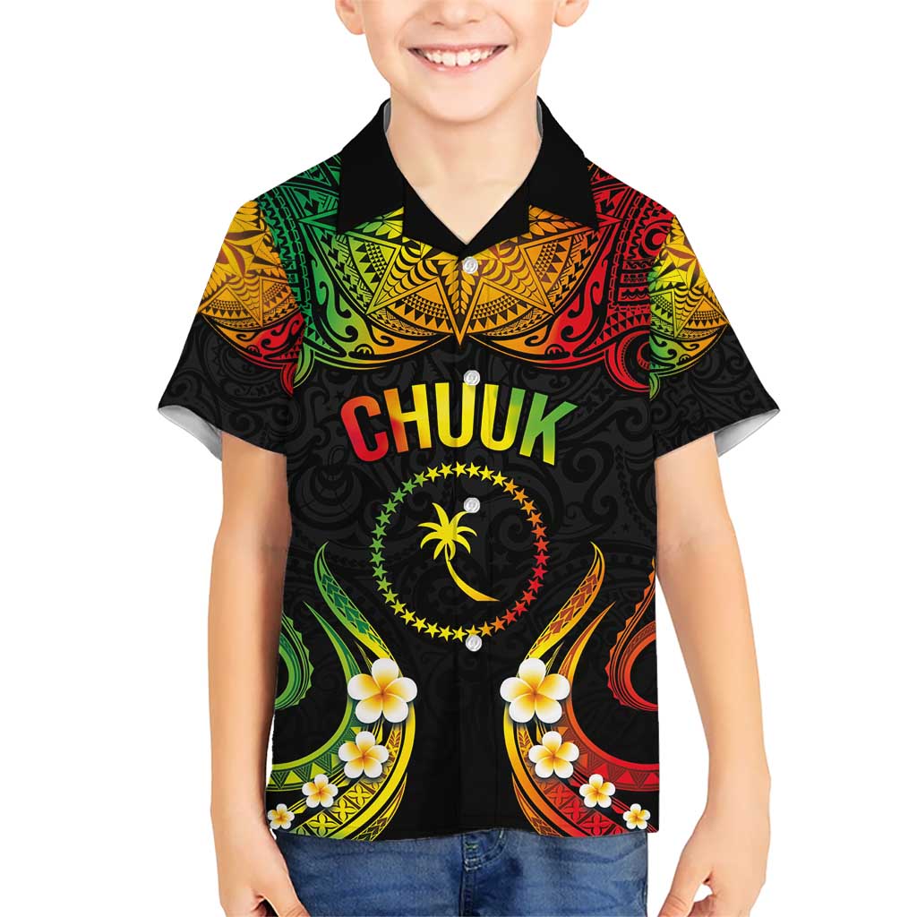 Personalised Chuuk Independence Day Kid Hawaiian Shirt Polynesian Tattoo and Plumeria Reggae Color