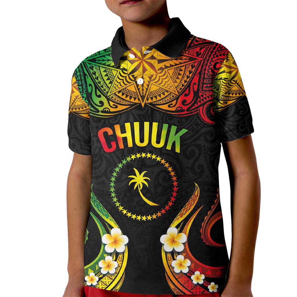 Personalised Chuuk Independence Day Kid Polo Shirt Polynesian Tattoo and Plumeria Reggae Color