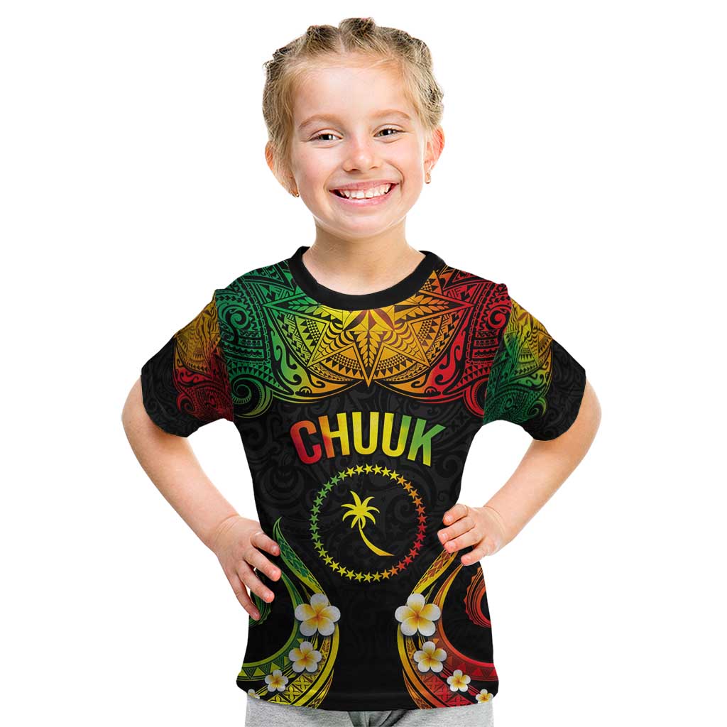 Personalised Chuuk Independence Day Kid T Shirt Polynesian Tattoo and Plumeria Reggae Color